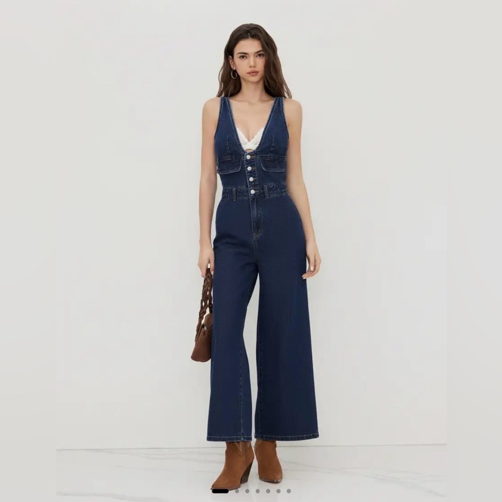 Cider Denim V-neck Button Pocket Wide Leg Jumpsuit in Dark Navy